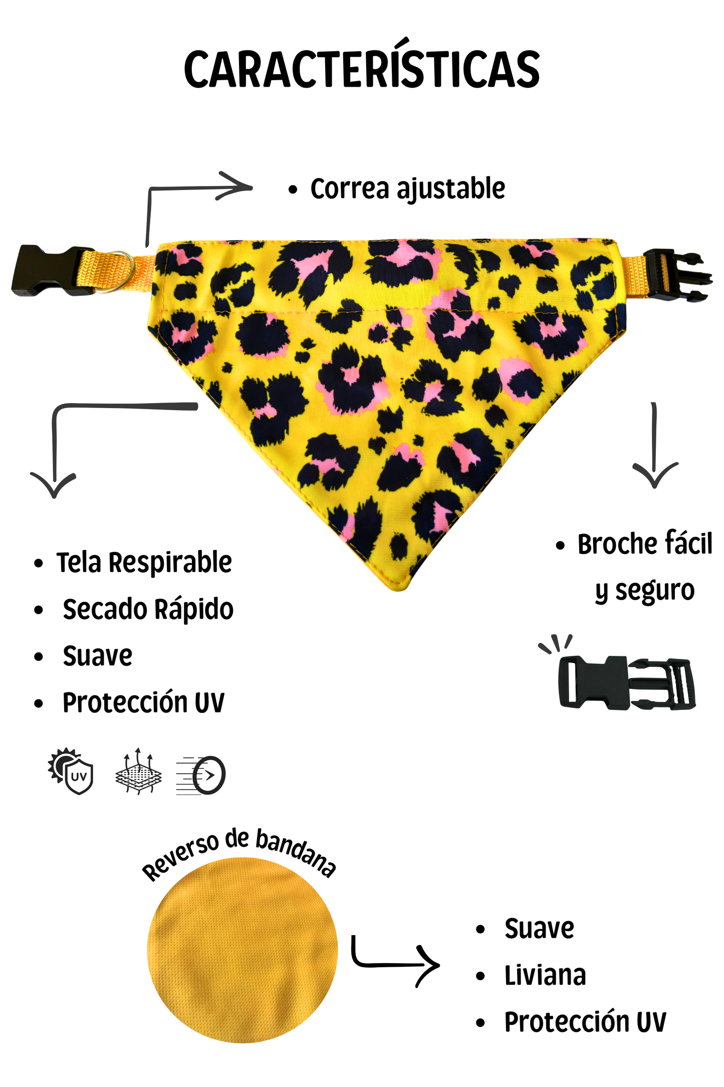 Bandana con collar ajustable para perros y gatos - Yellow print