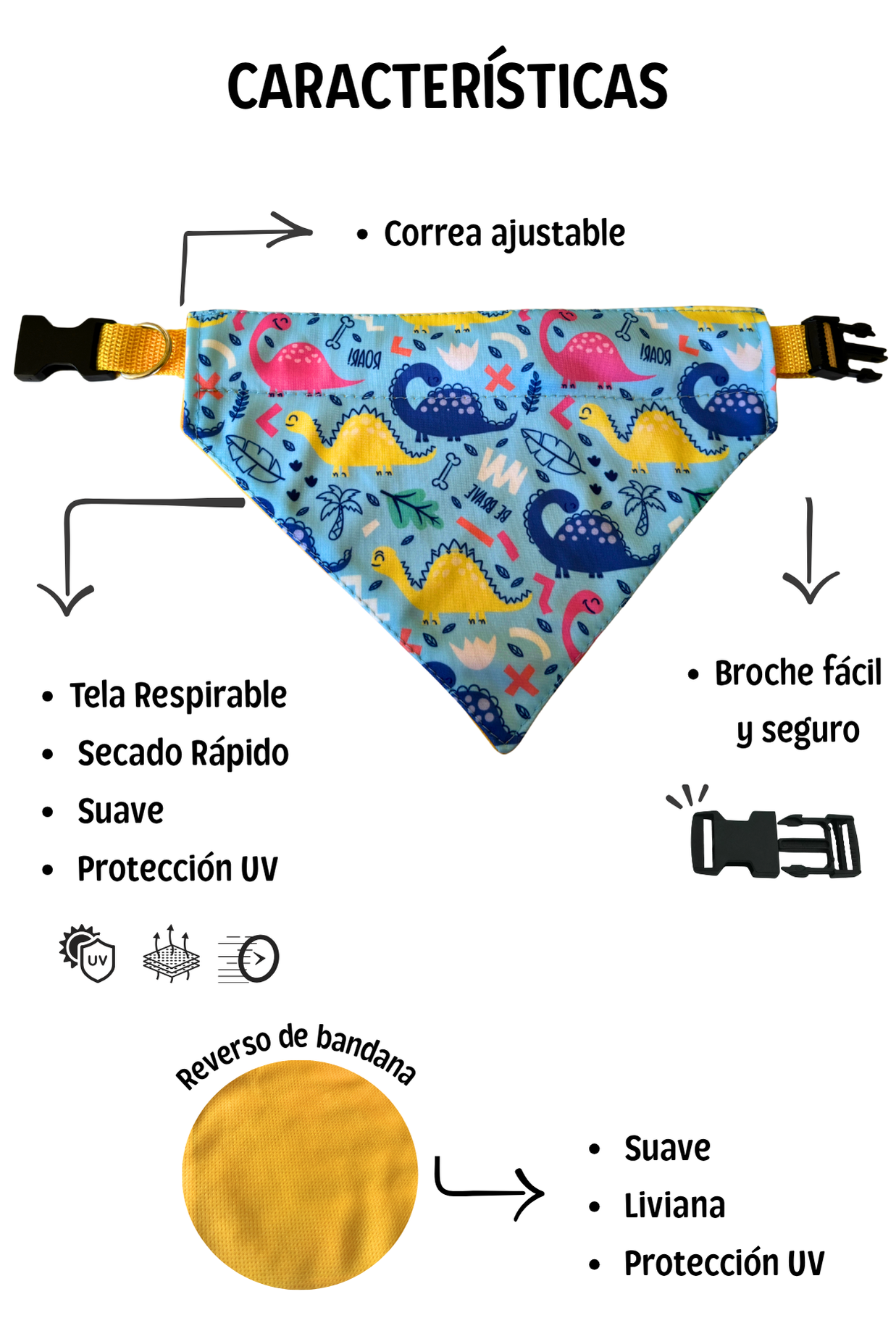 Bandana con collar ajustable para perros y gatos -  Dinosaurios