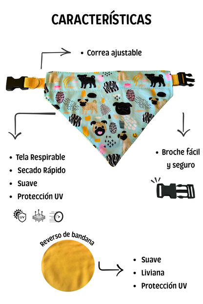 Bandana con collar ajustable para perros y gatos - Pug
