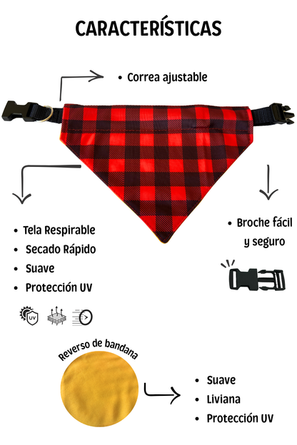 Bandana con collar ajustable para perros y gatos - Cuadrillé
