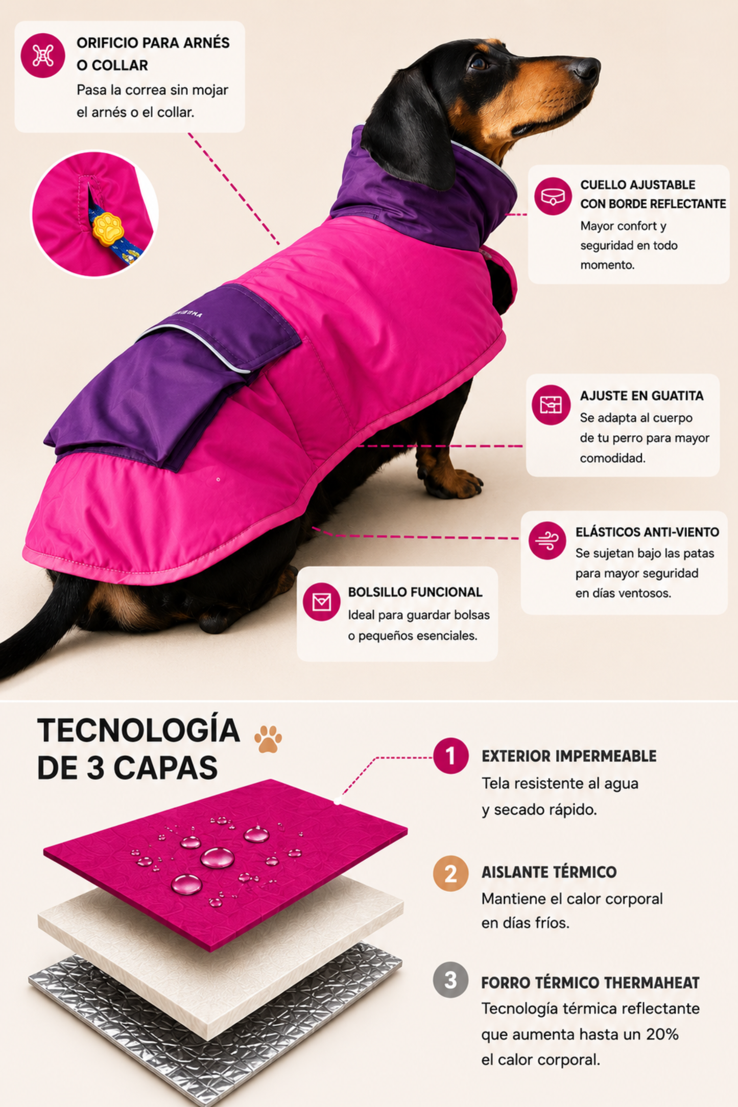 Parka Impermeable para Perros Fucsia + Bandana de regalo