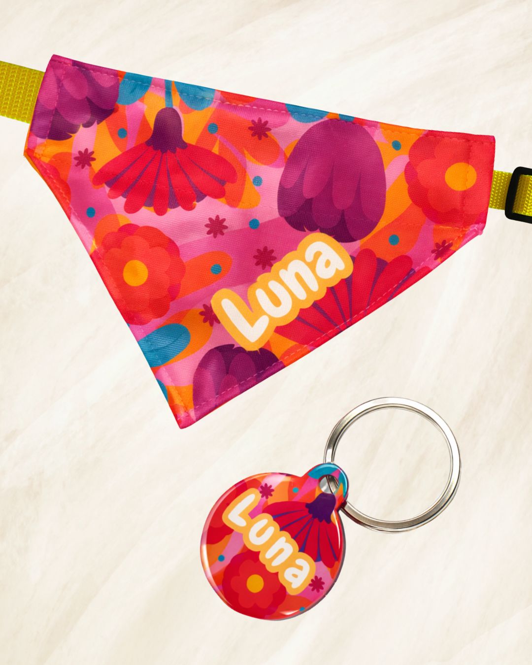 Pack Bandana + Plaquita para Perros y Gatos Perritos Florcitas